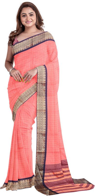 Checkered Fashion Linen, Cotton Silk Saree  (Pink)