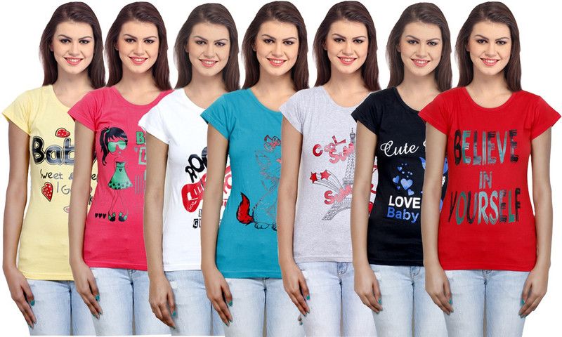 Pack of 7 Women Printed Round Neck Cotton Blend Multicolor T-Shirt