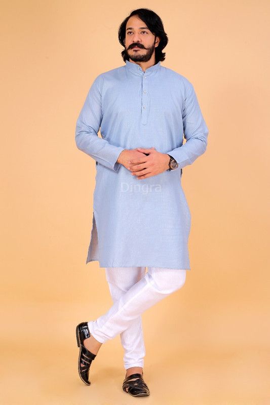 Men Solid Cotton Blend Straight Kurta  (Grey)