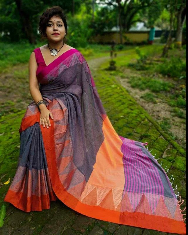 Self Design, Temple Border Handloom Cotton Blend Saree  (Grey)