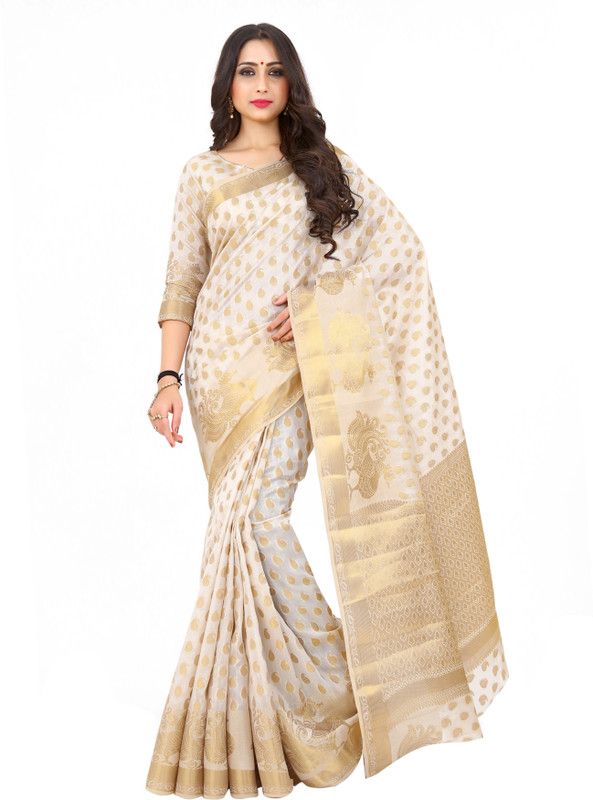 Embellished Kanjivaram Art Silk Saree  (Beige)