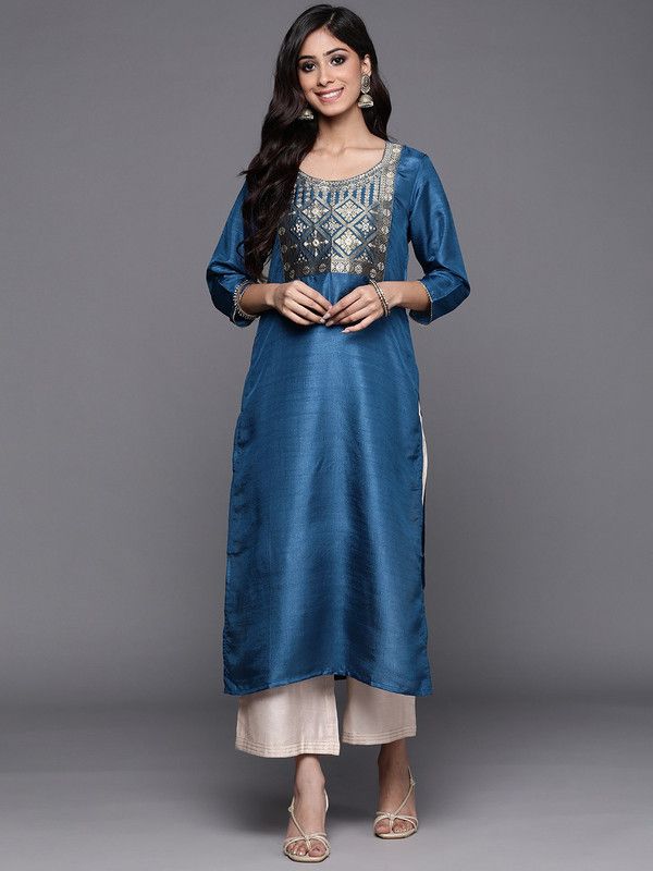 Women Woven Design Polyester Straight Kurta  (Blue)