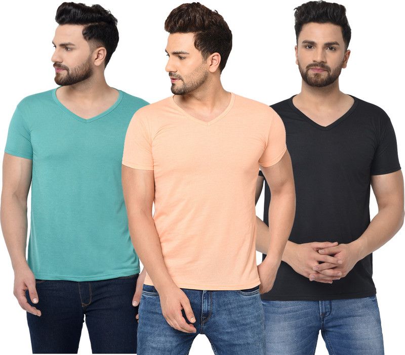 Pack of 3 Men Solid V Neck Cotton Blend Green, Black, Pink T-Shirt
