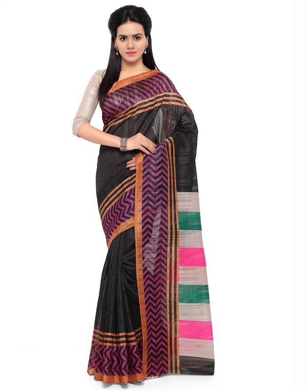 Printed Bhagalpuri Cotton Blend Saree  (Black)