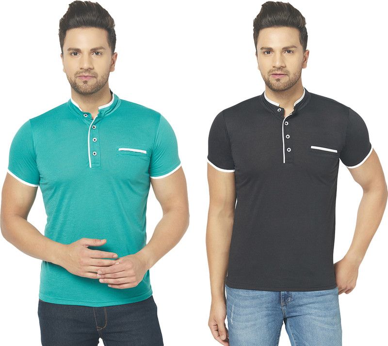 Pack of 2 Mandarin Collar T-shirt Combo Half Sleeve Men Solid Mandarin Collar Cotton Blend Multicolor T-Shirt