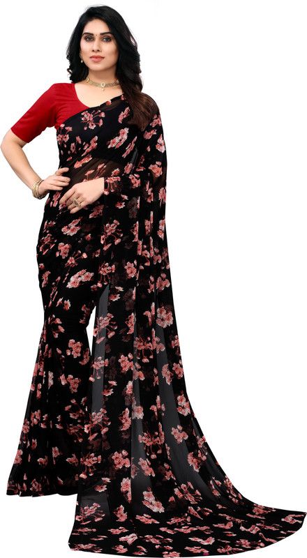 Floral Print Daily Wear Georgette Saree  (Pack of 2, Red, Black)