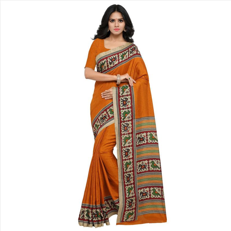 Printed Manipuri Art Silk Saree  (Mustard)