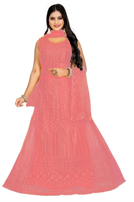 Embroidered Net Semi Stitched Straight Gown  (Pink, Beige)