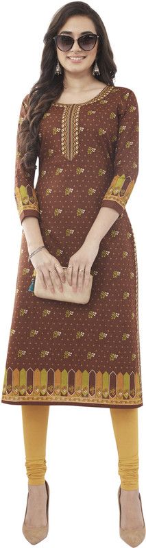Women Geometric Print Cotton Blend Straight Kurta  (Brown)