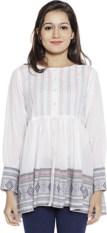 Casual Cuffed Sleeves Embroidered Women White Top