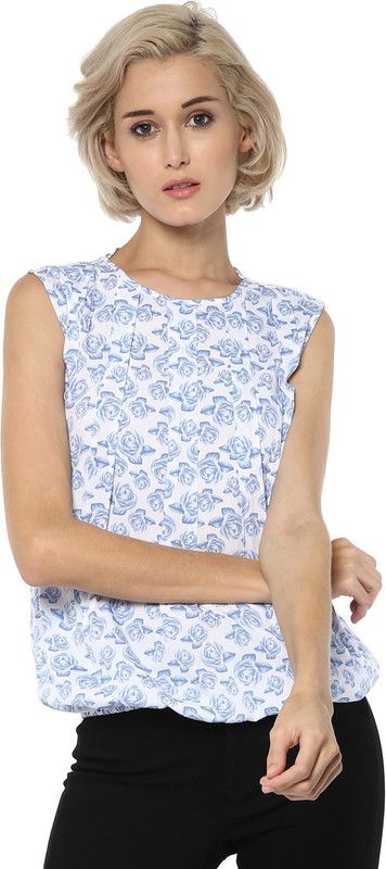 Casual Sleeveless Floral Print Women Light Blue, White Top