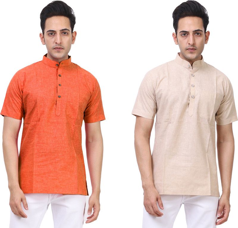Men Solid Kurta  (Orange, Beige)
