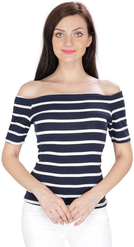 Party Regular Sleeves Striped Women Dark Blue Top