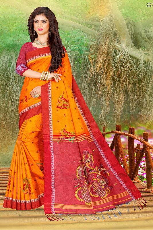 Woven Handloom Cotton Silk Saree  (Yellow)