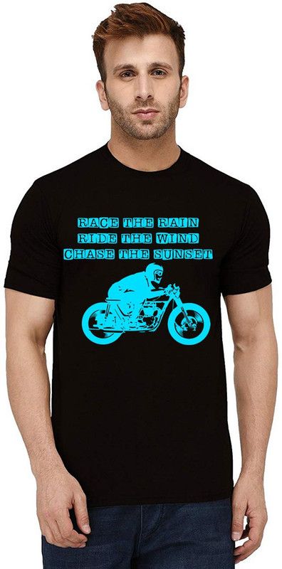 Race The Rain Men Printed Round Neck Pure Cotton Black T-Shirt