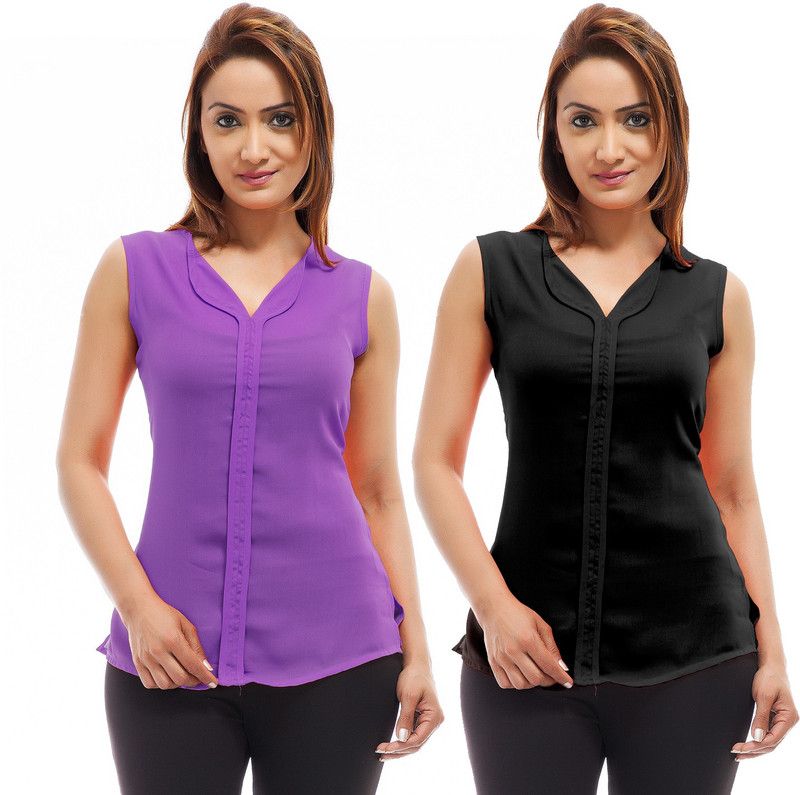 Pack of 2 Casual Sleeveless Solid Women Purple, Black Top