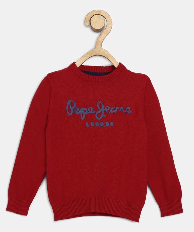 Boys Printed Crew Neck Red Sweater