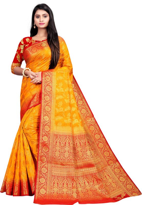 Woven, Embellished Kanjivaram Silk Blend, Jacquard Saree  (Yellow)