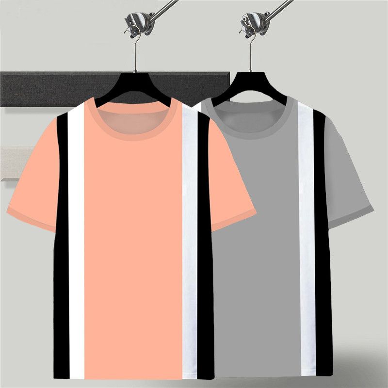 Pack of 2 Men Typography Round Neck Cotton Blend Pink, Grey T-Shirt