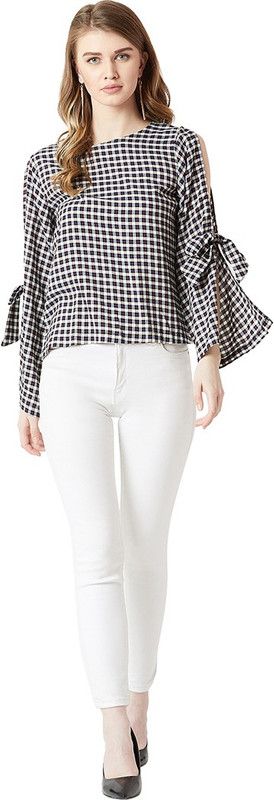 Casual Slit Sleeves Checkered Women Multicolor Top