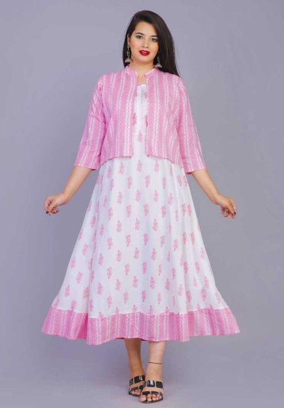 Women Printed Viscose Rayon Ethnic Dress  (White, Pink)