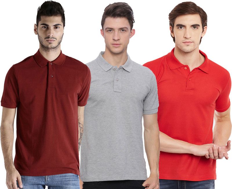 Pack of 3 Men Solid Polo Neck Cotton Blend Red, Maroon, Grey T-Shirt