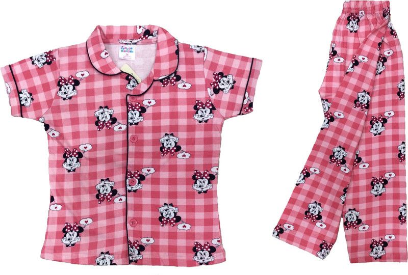 Boys & Girls Checkered Pure Cotton Kids Nightwear  (Pink Pack of 1)