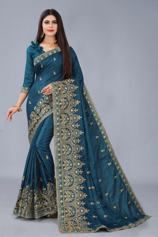 Printed, Self Design, Embroidered Bollywood Silk Blend, Art Silk Saree  (Blue)