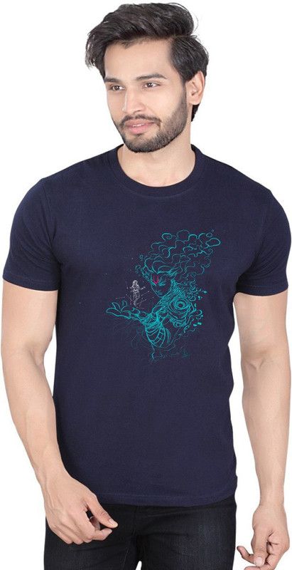 KrissXross Men's 100 % Cotton 180GSM Premium Bio washed (Arjun & Krishna) Artisted DTG Graphic Printed Tshirt Men Graphic Print Round Neck Cotton Blend Blue T-Shirt
