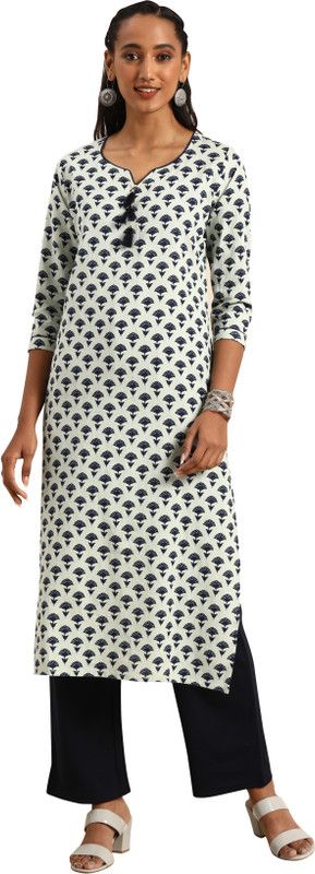 Women Printed Pure Cotton Straight Kurta  (White, Blue)
