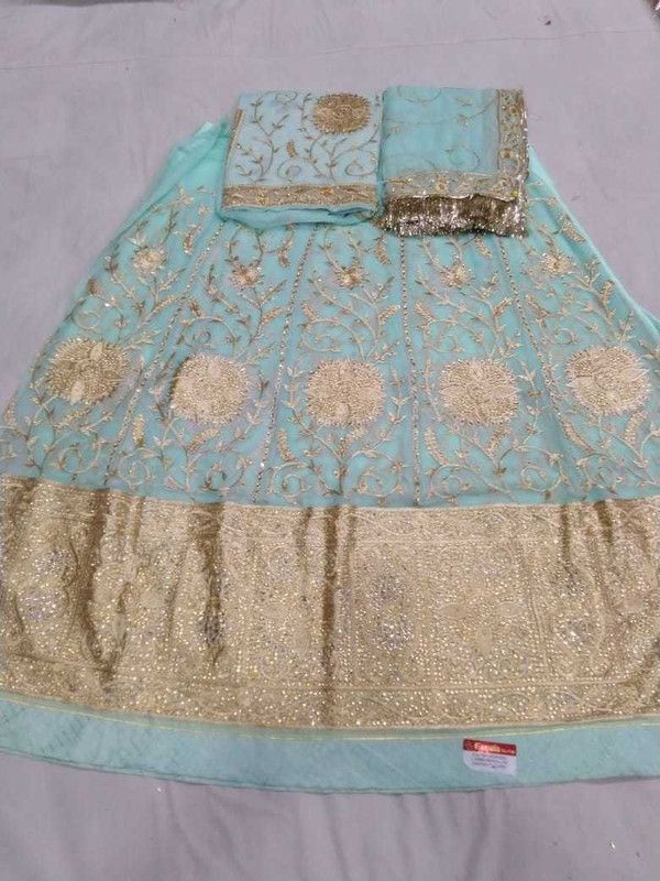 Ikat Semi Stitched Rajasthani Poshak  (Light Blue)