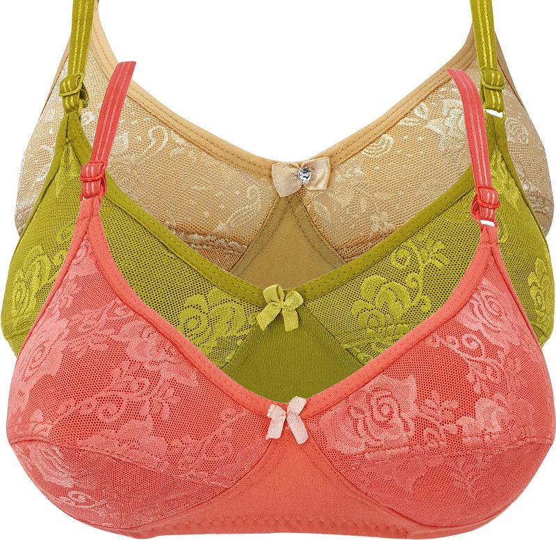 Pack of 3 Women Bralette Bra  (Orange, Beige, Light Green)