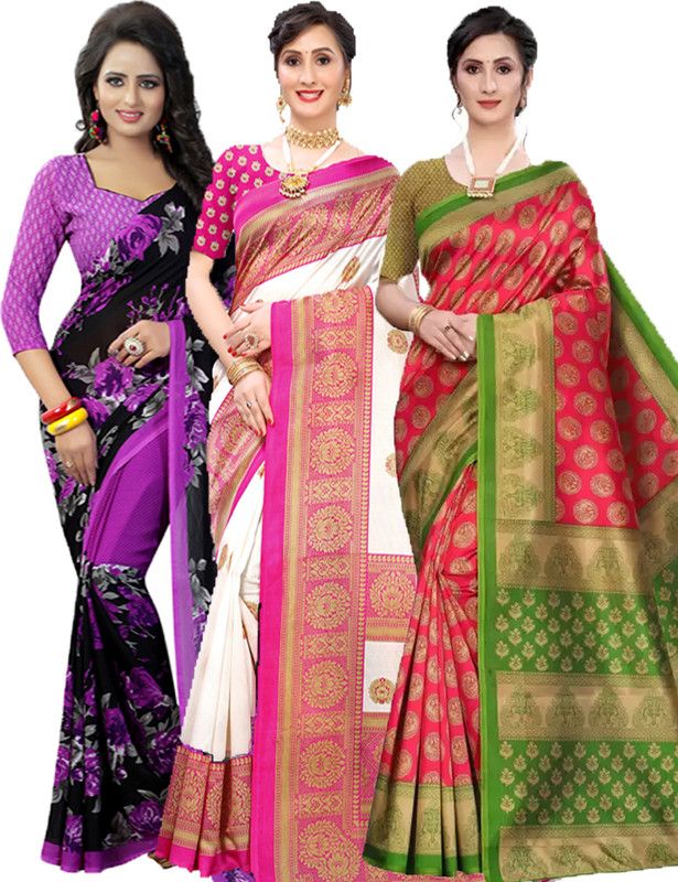 Printed Bollywood Georgette Saree  (Pack of 3, Purple, Pink)
