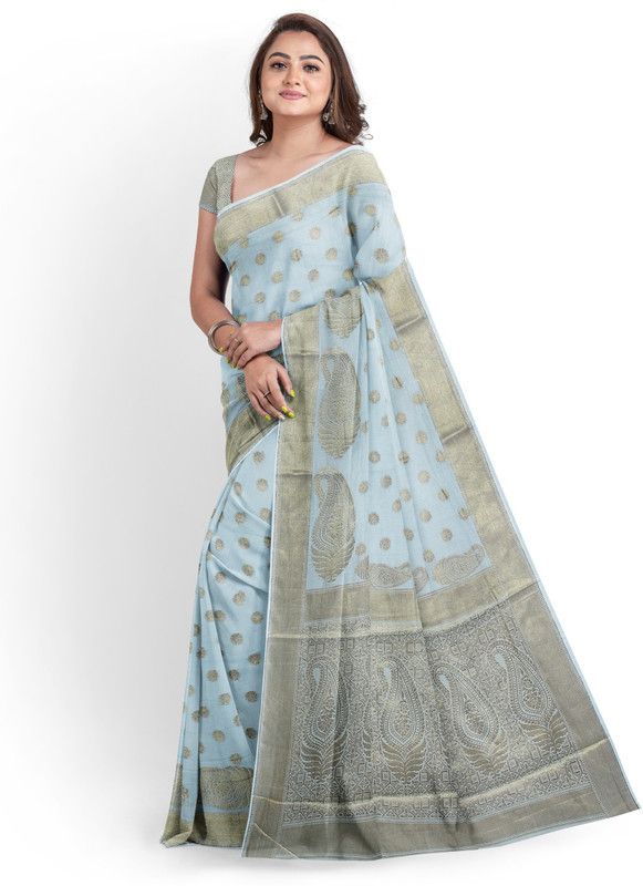 Woven Dharmavaram Cotton Blend Saree  (Light Blue)