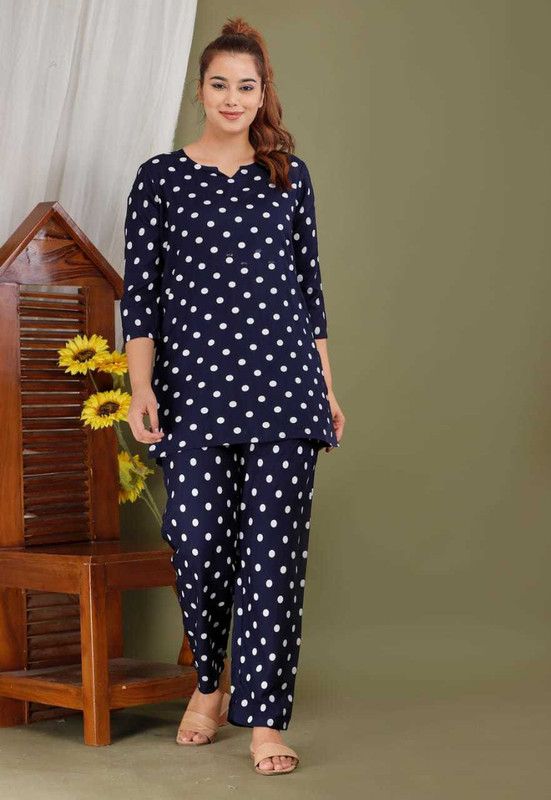 Women Co-ords Dark Blue Polka Print