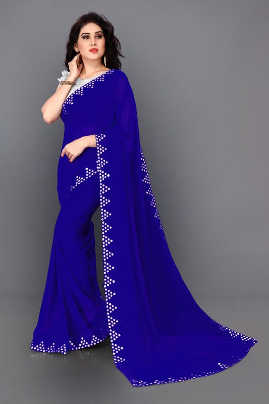 Embellished, Solid/Plain Bollywood Georgette Saree  (Silver, Blue)