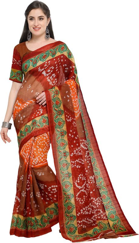 Printed, Dyed Bandhani Art Silk Saree  (Red)