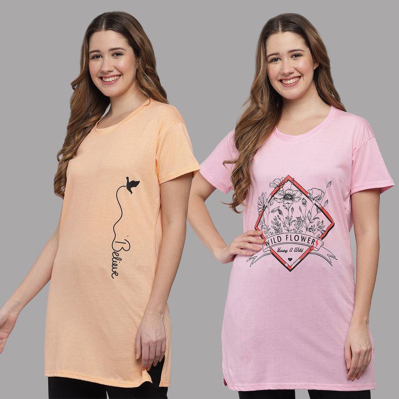 Pack of 2 Women Floral Print Round Neck Pure Cotton Pink, Beige T-Shirt