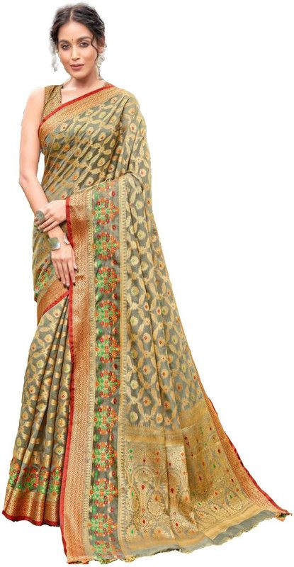 Embellished, Woven, Dyed Banarasi Jacquard, Cotton Silk Saree  (Grey)