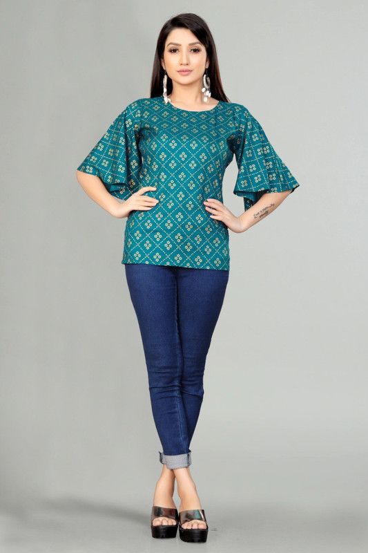 Party Flared Sleeves Printed Women Green Top