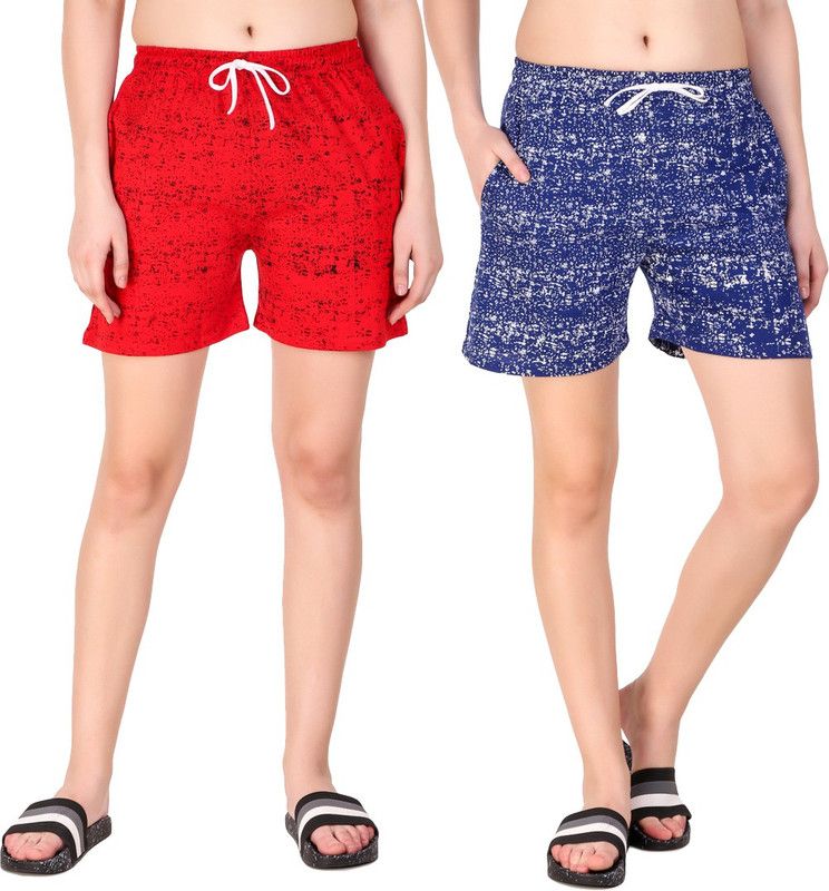 Pack of 2 Printed Women Red, Blue Regular Shorts