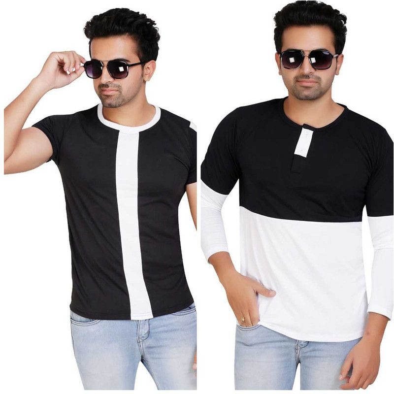 Pack of 2 Men Solid Henley Neck Poly Cotton White, Black T-Shirt
