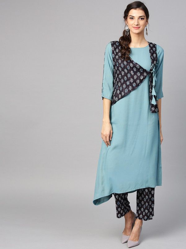 Women Ethnic Jacket, Kurta and Churidar/Legging Set Cotton Rayon