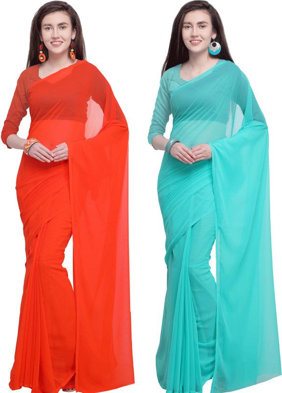 Daily Wear Georgette Saree  (Pack of 2, Orange, Blue)