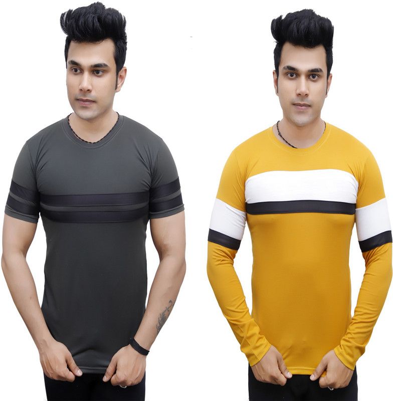 Pack of 2 Men Colorblock Round Neck Cotton Blend Grey, Yellow T-Shirt