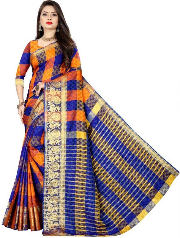 Woven Kanjivaram Silk Blend, Jacquard Saree  (Blue, Orange)