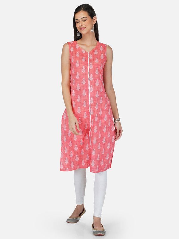 Women Printed Pure Cotton Frontslit Kurta  (White, Pink)