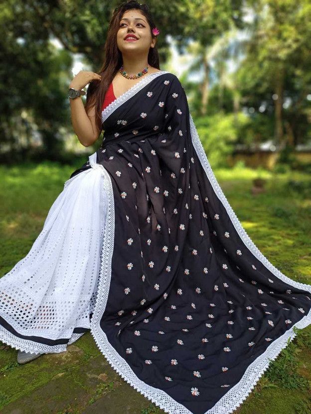 Self Design Bollywood Cotton Silk Saree  (White, Black)