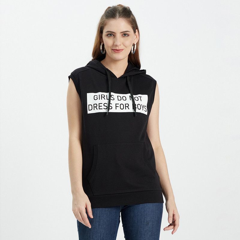 Women Printed Hooded Neck Pure Cotton Black T-Shirt