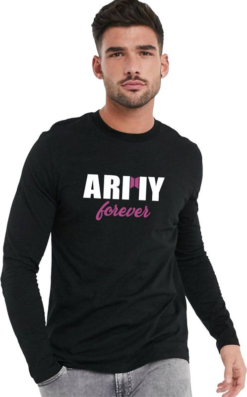 ARMY FOR Print Full Sleeve Pure Cotton T-Shirt for Men Boys - S Men Typography Round Neck Pure Cotton Black T-Shirt